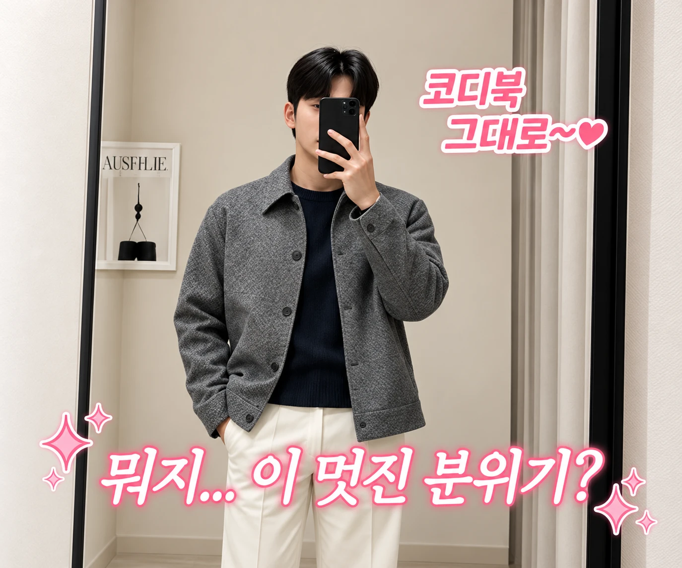 코디북 그대로 입고 거울 셀카를 찍는 모습