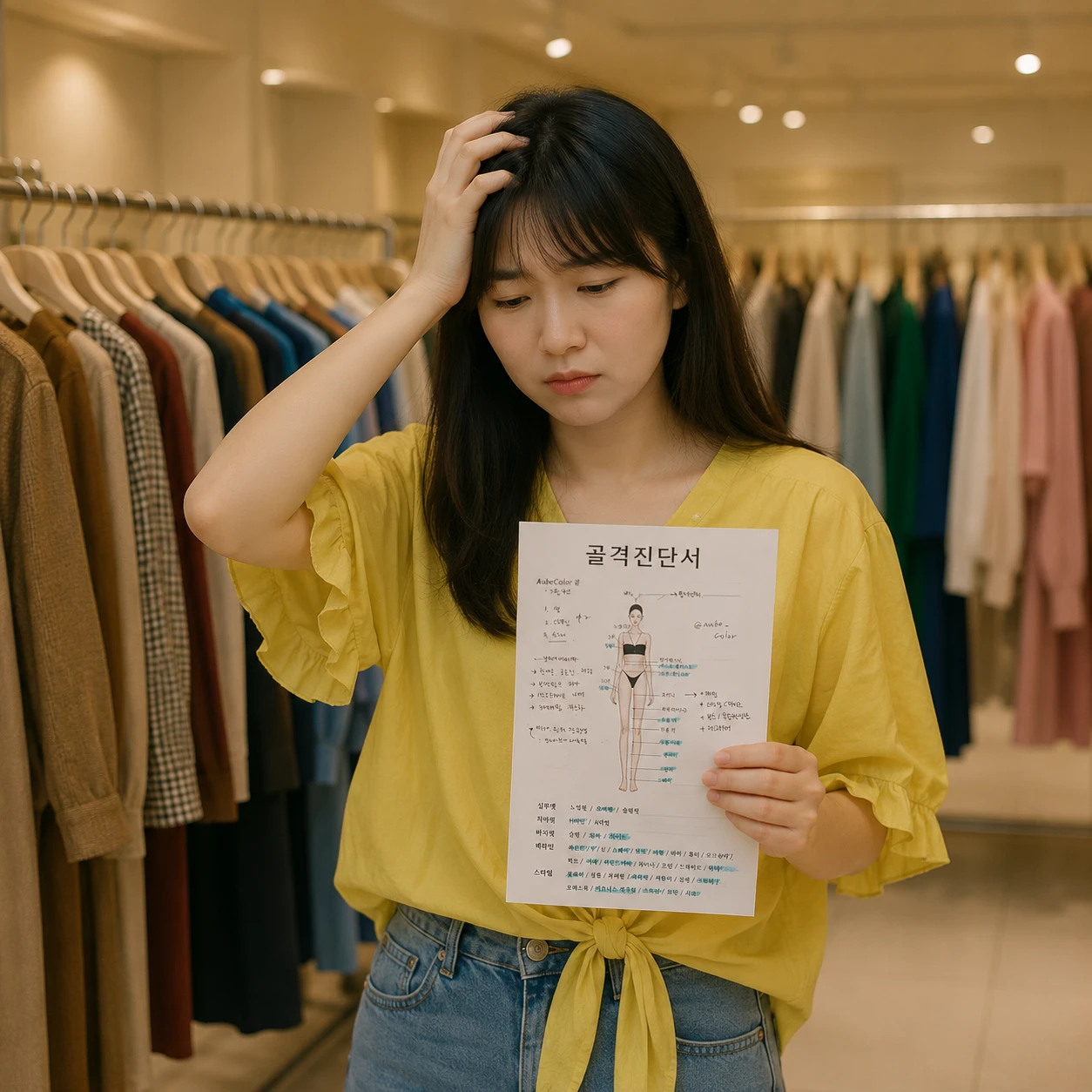 골격진단서를 받았지만 옷 앞에서 막막한 여성 고객